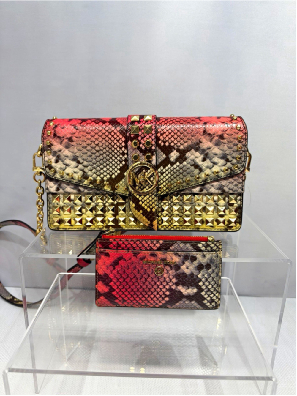 Michael Kors Greenwich Snake Embossed Studded Crossbody Dahlia Pink